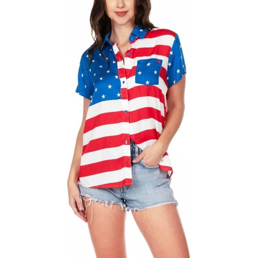 Tipsy Elves American Flag Shirt Small Patriotic 4th of July USA Button Down NWOT - Picture 3 of 11